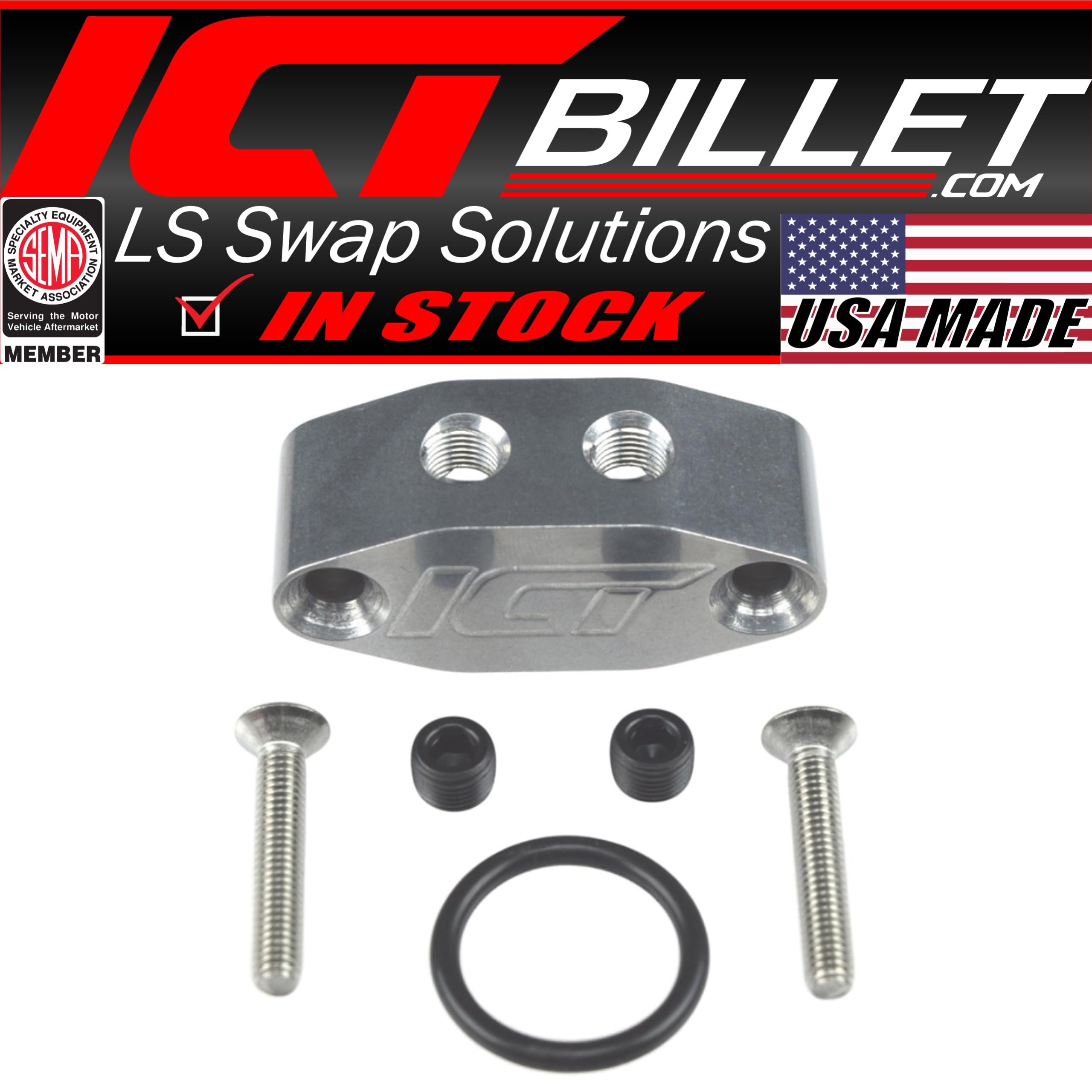 ICT Billet LS Twin Turbo Dual 90 Degree 1/8" NPT Oil Feed LINE Adapter Plate LS1 LSX kit Port LS3 Right Angle Billet Plate Supply Pressure Sensor Cover 551533 - Image 3